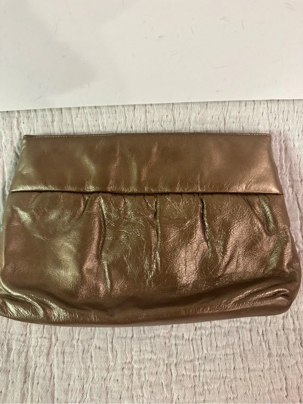 VTG Stuart Weitzman Metallic Bronze Hinge Open Clutch with Zipper Rosette
